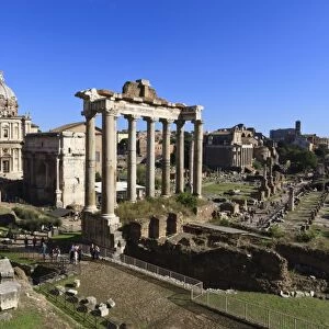 Elevated view of the columns of the Temples of Saturn and Vespasian with Santi Luca e Martina, Forum, UNESCO World Heritage Site, Rome, Lazio, Italy, Europe