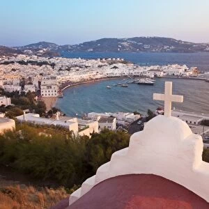 Elevated view over the harbour and old town, Mykonos (Hora), Cyclades Islands