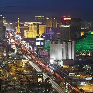 Elevated view of the hotels and casinos along The Strip at dusk, Las Vegas, Nevada, United States of America, North America