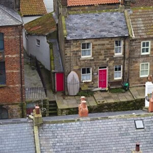 Elevated view of houses, Staithes, North Yorkshire, Yorkshire, England, United Kingdom, Europe