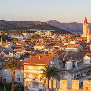 Elevated view from Kamerlengo Fortress over the old town of Trogir at sunset, UNESCO