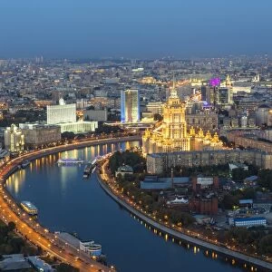 Elevated view over the Moskva River embankment, Ukraine Hotel and the Russian White House