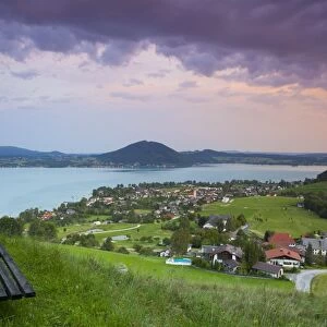 Elevated view over picturesque Weyregg am Attersee illuminated at dawn, Attersee, Salzkammergut, Austria, Europe