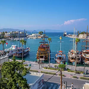 Elevated view of ships in Kos Harbour, Kos Town, Kos, Dodecanese, Greek Islands, Greece, Europe
