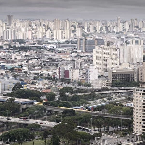 Elevated view of urban highways, Avenida do Estado and Diario Popular bridge, downtown and concrete buildings, Sao Paulo, Brazil, South America