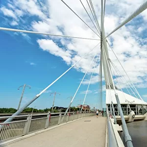 The Esplanade Riel suspended pedestrian footbridge over the Red River, completed 2003, linking central Winnipeg to St. Boniface district, Winnipeg, Manitoba, Canada, North America