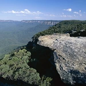 Eucalyptus oil haze causes the blueness in the view from the limestone pavement across the Jamison Valley in the Blue Mountains National Park, UNESCO World Heritage Site, near Katoomba, New South Wales (N. S. W. )