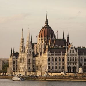Evening light on the Hungarian Parliament Building and Danube River, Budapest, Hungary