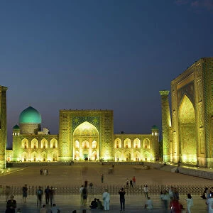 Evening, Ulug Bek, Tilla-Kari, and Sherdor Madrassahs, left to right, Registan Square, UNESCO World Heritage Site, Samarkand, Uzbekistan, Central Asia, Asia