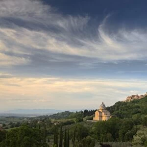 Evening view towards the hilltop town of Montepulciano and the church of San Biagio