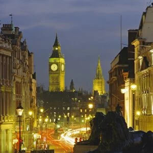 Evening view from Trafalgar Square down Whitehall with Big Ben in the background