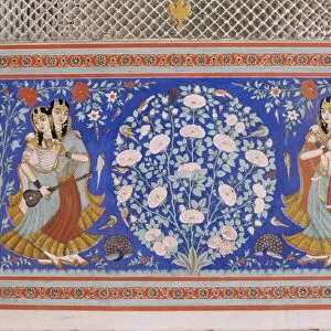 Detail of exquisite wall painting in the Sheesh Mahal (hall)
