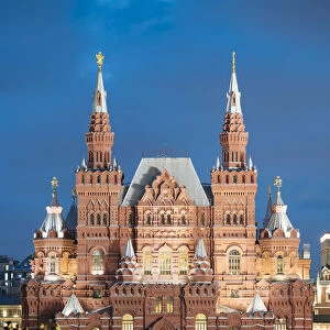 Exterior of State Historical Museum at night, Red Square, UNESCO World Heritage Site