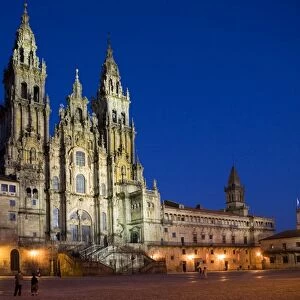 Facade of cathedral seen from Praza do Obradoiro floodlit at night, Santiago de Compostela