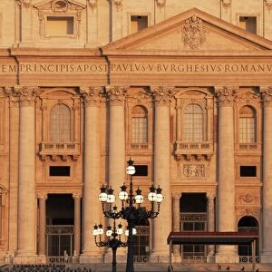 The facade of Saint Peters Basilica at sunrise