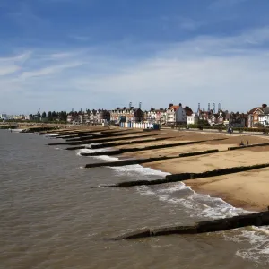 Felixstowe Beach from the pier with Container Port cranes in the distance, Felixstowe, Suffolk, England, United Kingdom, Europe