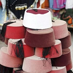 Felt hats and clothes for sale in the souk, Marrakesh, Morocco, North Africa, Africa