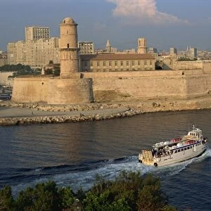 Ferry passing the old fortress, entering Marseille harbour, Bouches du Rhone