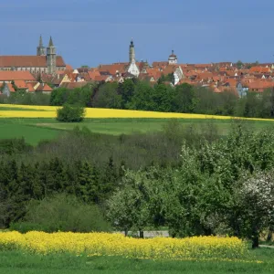 Fields and trees in front of the town skyline of Rothenburg