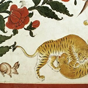 Detail of fighting tigers on painted dado in the Durbar