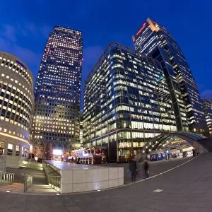 Financial District office buildings illuminated at dusk, Canary Wharf, Docklands