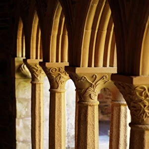 Finely carved capitals in the Cloisters, Iona abbey, Isle of Iona, Scotland