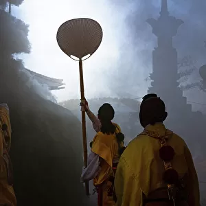 Fire Festival in autumn showing Buddhist monks in smoke at Koyasan, Wakayama prefecture, Honshu, Japan, Asia