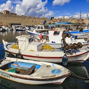 Fishing boats, Commercial harbour and Medieval walls, Old Rhodes Town, UNESCO World Heritage Site