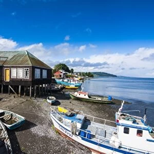 Fishing boats in the harbour of Dalcahue, Chiloe, Chile, South America