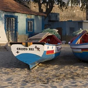 Fishing boats with names, Tarrafal, Santiago, Cape Verde Islands, Africa