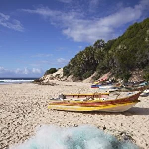 Fishing boats and nets on beach, Tofo, Inhambane, Mozambique, Africa