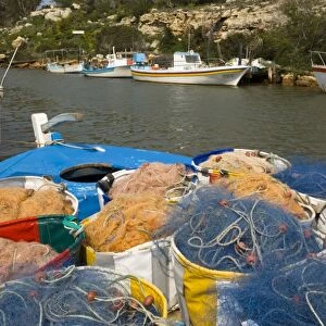 Fishing boats and nets, Potamos Tou Liopetri, Cyprus, Mediterranean, Europe