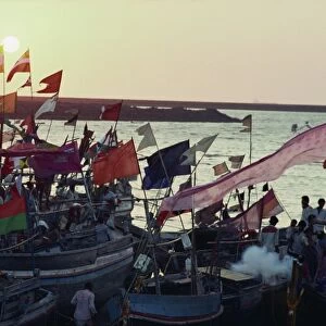 Fishing boats during religious festival, Colaba, Mumbai, India, Asia