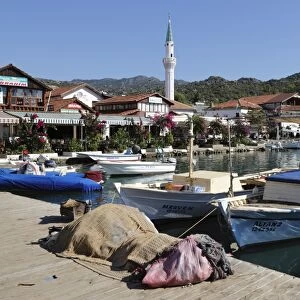 Fishing harbour and restaurants, Ucagiz, near Kas, Lycia, Antalya Province, Mediterranean Coast, Southwest Turkey, Turkey, Asia Minor, Eurasia
