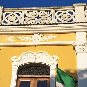 Flag on building, Park Colon, Park Central, Granada, Nicaragua, Central America