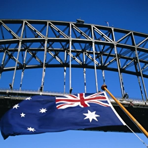Flag, Sydney Harbour Bridge and Opera House, Sydney, New South Wales, Australia