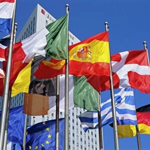 Some of the flags of the European Union, La Defense, Paris, France, Europe