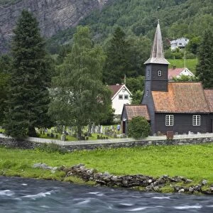 Flam church dating from 1670, and Flamsdalen Valley River, Flam, Sognefjorden