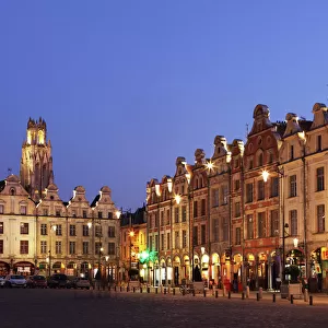 Flemish Baroque architecture at night on the Petite Place (Place des Heros), Arras, Nord-Pas de Calais, France, Europe
