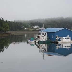 Floating dock, on a foggy day, at Welshpool on Campobello Island in New Brunswick