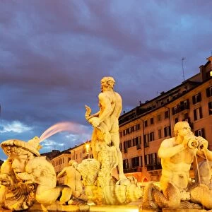 Fontana del Moro in Piazza Navona at night, Rome, Lazio, Italy, Europe