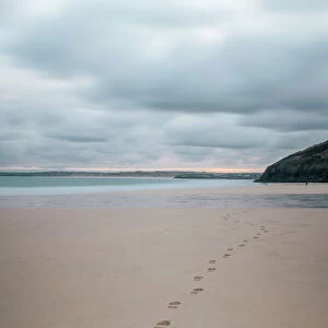 Footsteps in the sand, Carbis Bay beach, St. Ives, Cornwall, England, United Kingdom, Europe