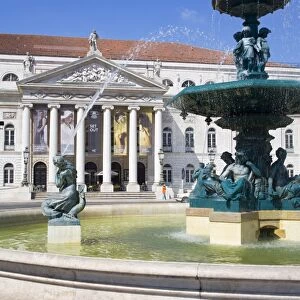 Fountain and National Theatre on Praca Dom Pedro, Rossio District, Lisbon