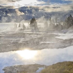 Freezing mists and thermal features, dawn, West Thumb Geyser Basin, Yellowstone National Park, UNESCO World Heritage Site, Wyoming, United States of America, North America
