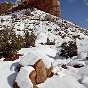Fresh snow on red rock formations, Carson National Forest, New Mexico, United States of America