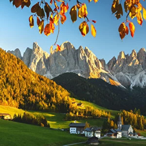Funes valley, Santa Maddalena and the group of Odle in Trentino Alto Adige at Sunset