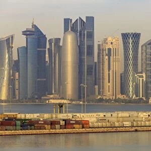 Futuristic Doha city skyline and container port, Doha, Qatar, Middle East