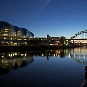 Gateshead Quays with Sage Gateshead and Tyne Bridge at night, Tyne and Wear, England, United Kingdom, Europe
