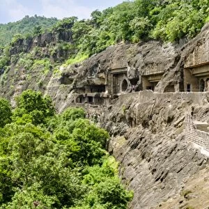 General view of the Ajanta Caves, UNESCO World Heritage Site, Maharashtra, India, Asia