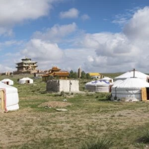 Ger camp and Tsorjiin Khureenii temple in the background, Middle Gobi province, Mongolia